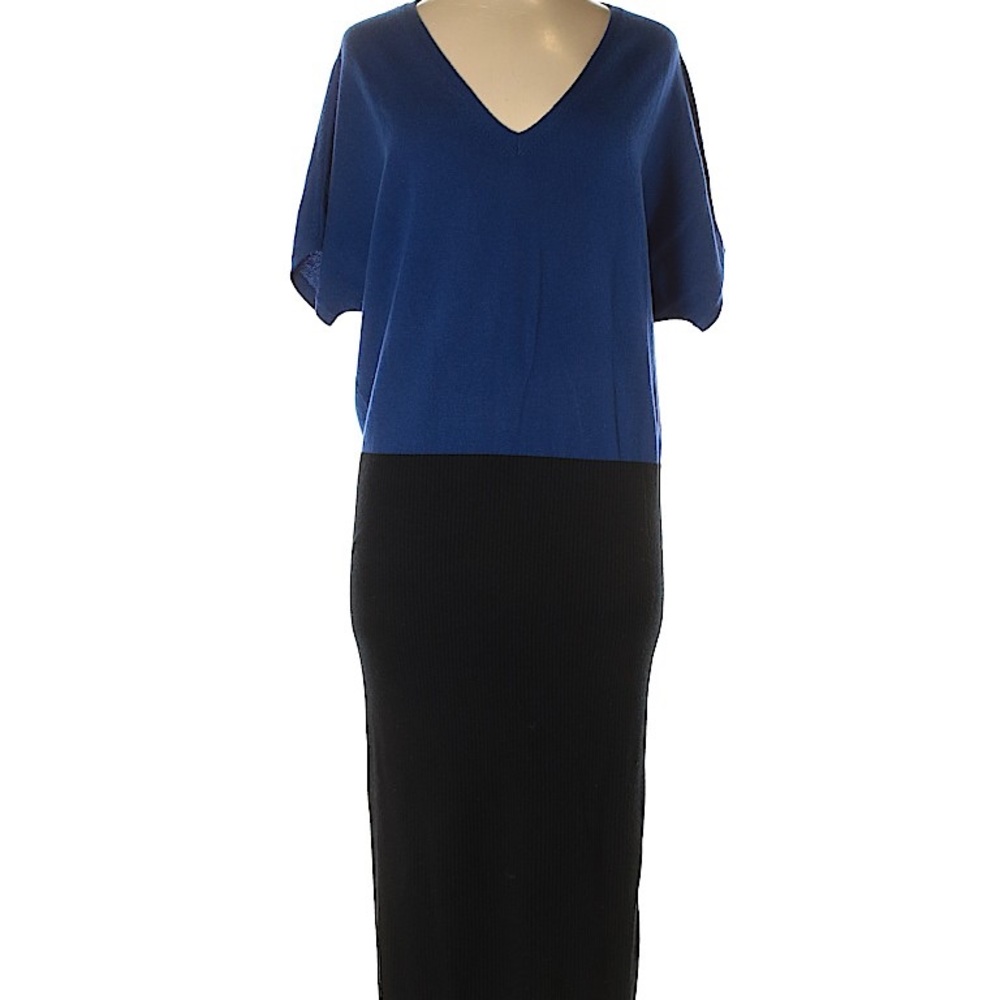 Elegant V-Neck Blue and Black Dress - 100% Scottish cashmere